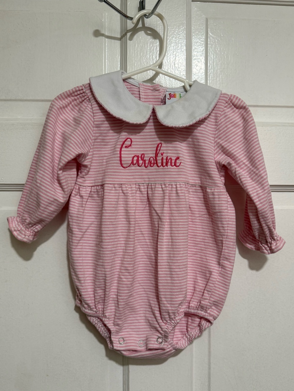 Caroline 12M Monogrammed One Piece Pink Stripe Long Sleeve Outfit Collar White